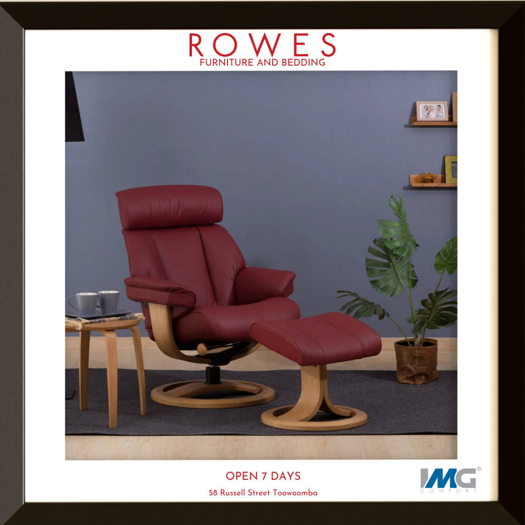 Red recliner chair with ottoman in a room setting, featuring ROWES Furniture and Bedding branding.