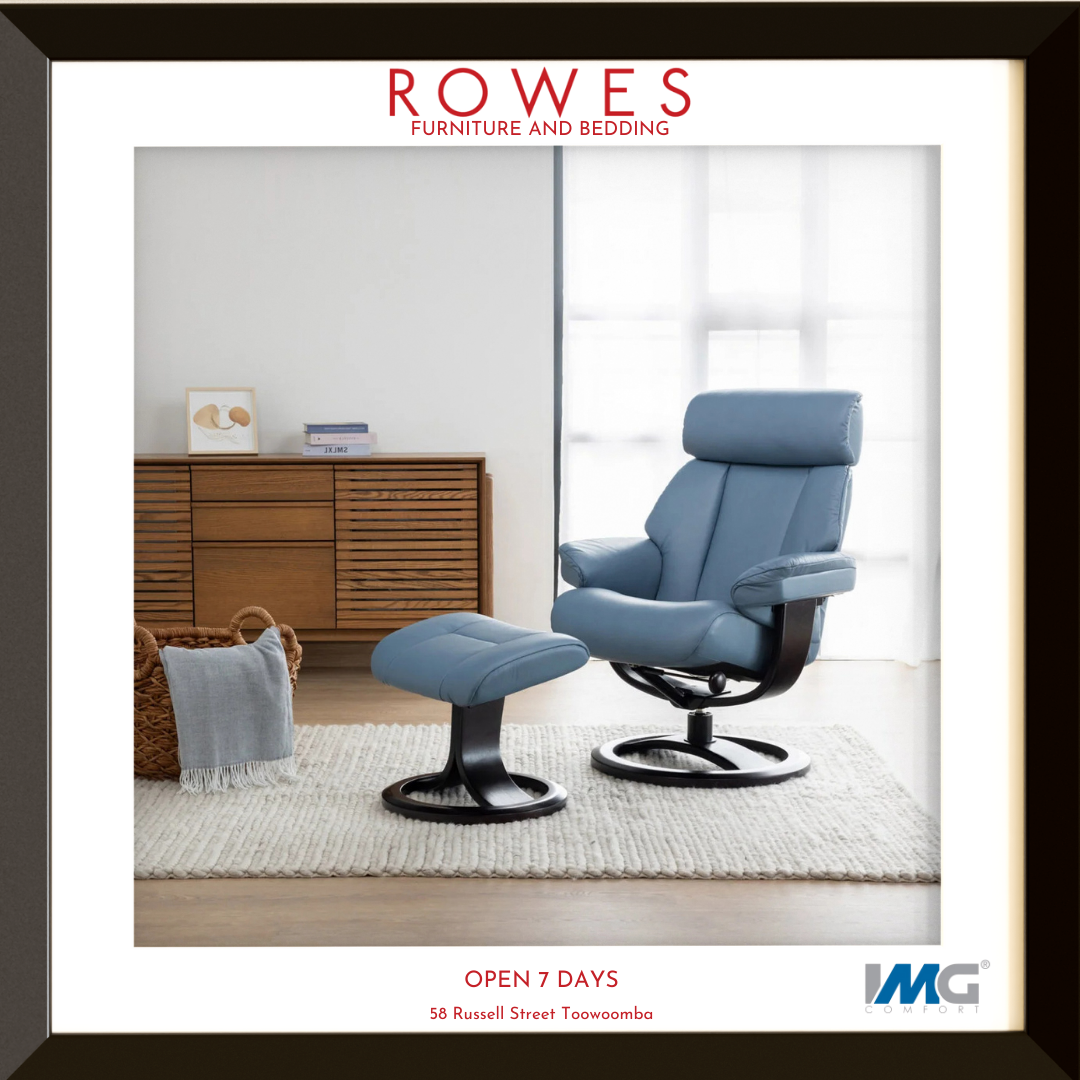 Blue recliner chair with ottoman in a room setting, featuring ROWES Furniture and Bedding branding.