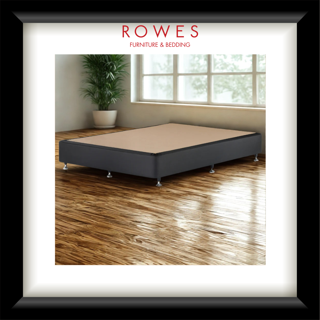 Bed frame on a wooden floor with 'Rowes Furniture & Bedding' branding.