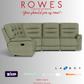 Green sectional sofa with promotional text and logos on a gray background