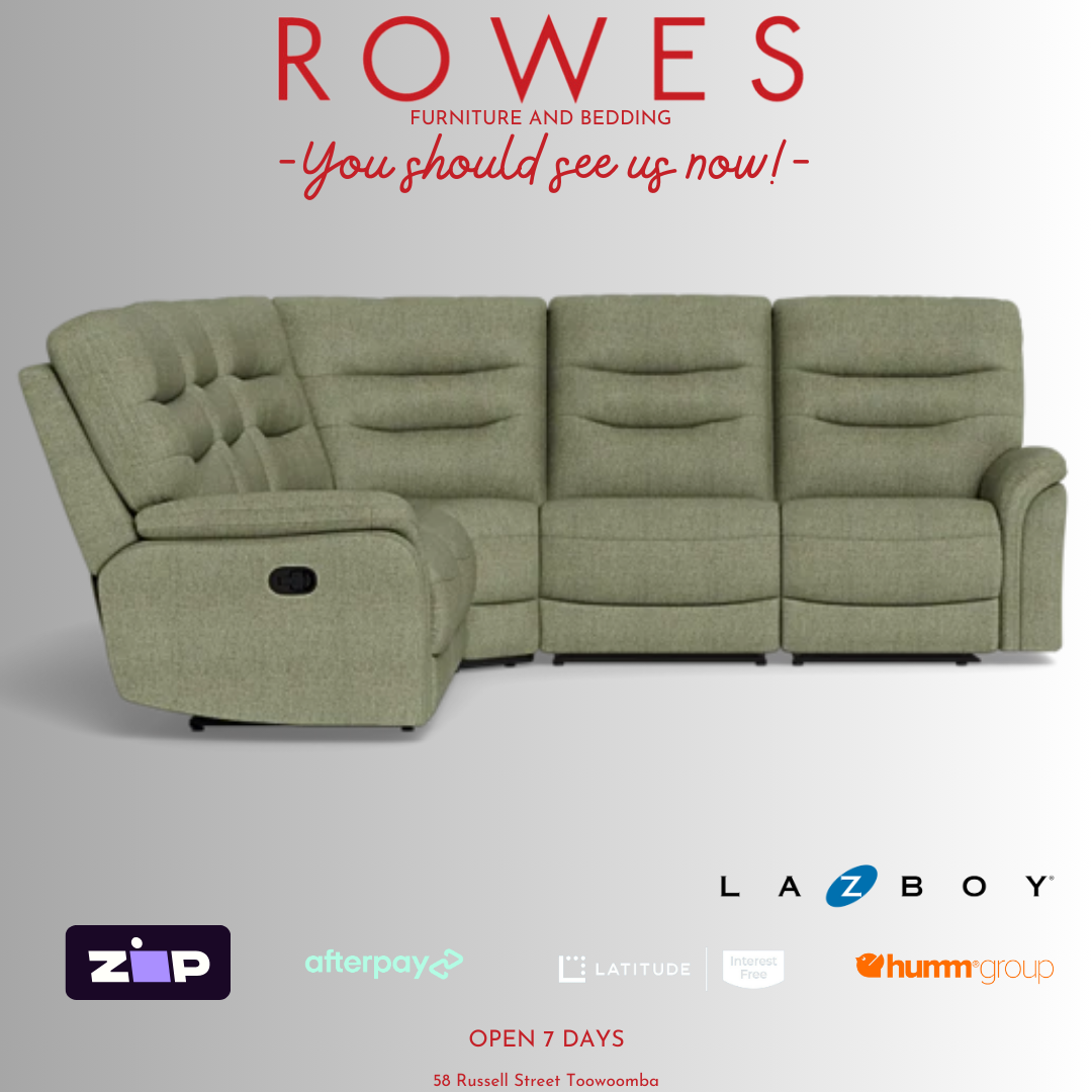 Green sectional sofa with promotional text and logos on a gray background