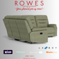Green recliner sofa with 'Rowes Furniture and Bedding' text and logos on a gray background