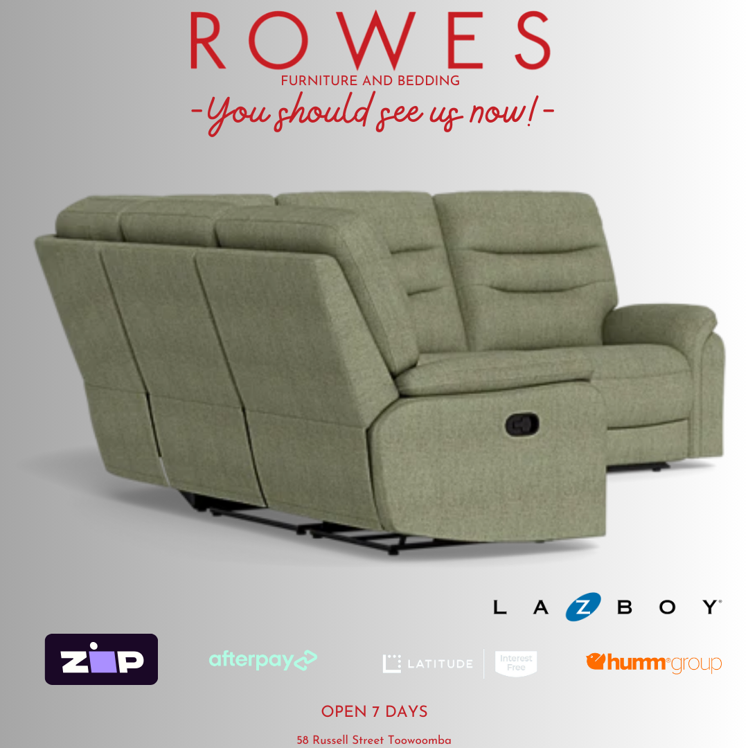 Green recliner sofa with 'Rowes Furniture and Bedding' text and logos on a gray background