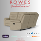 Beige recliner sofa with 'Rowes Furniture and Bedding' text and logos on a gray background