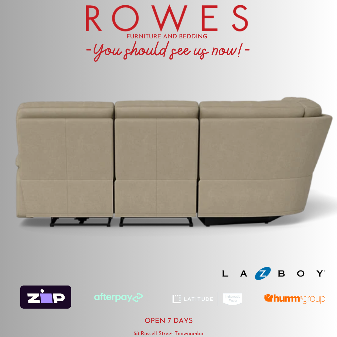 Beige sectional sofa with promotional text and logos on a gray background