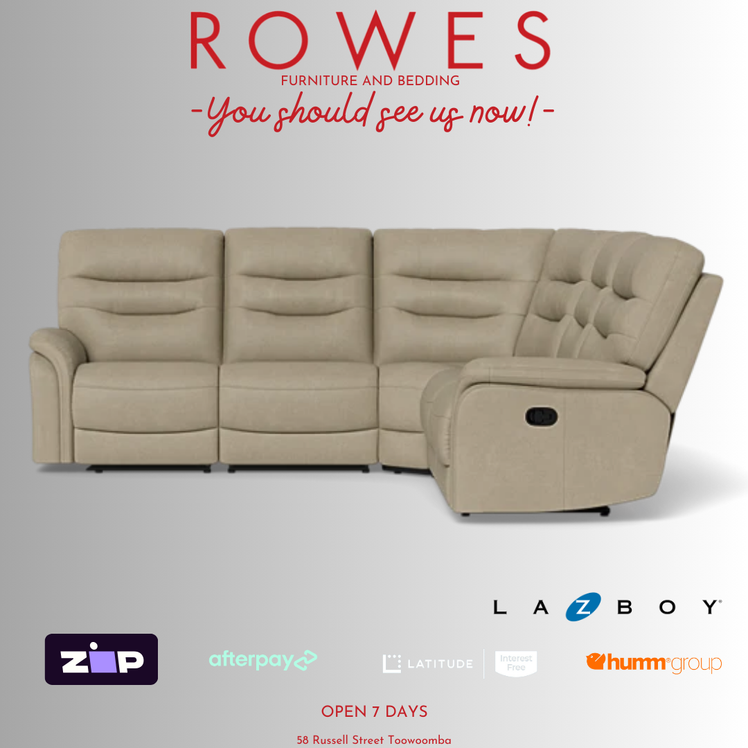 Beige sectional sofa with recliner on a gray background, featuring Rowes Furniture and Bedding advertisement.