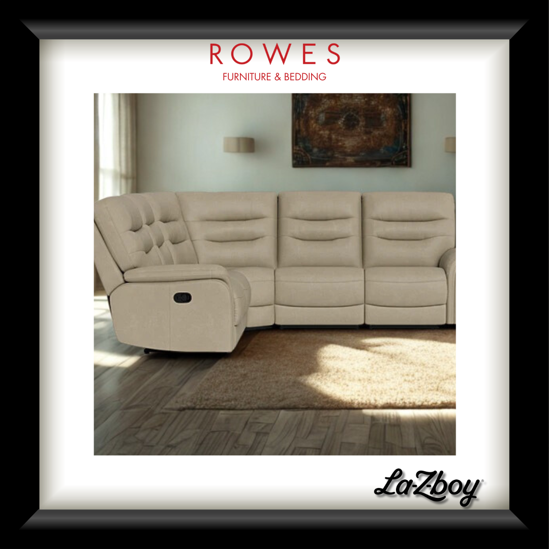 Beige sectional sofa in a room with 'Rowes Furniture & Bedding' branding.