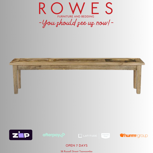 Wooden bench seat on a white background with 'Rowes' branding and payment options displayed.