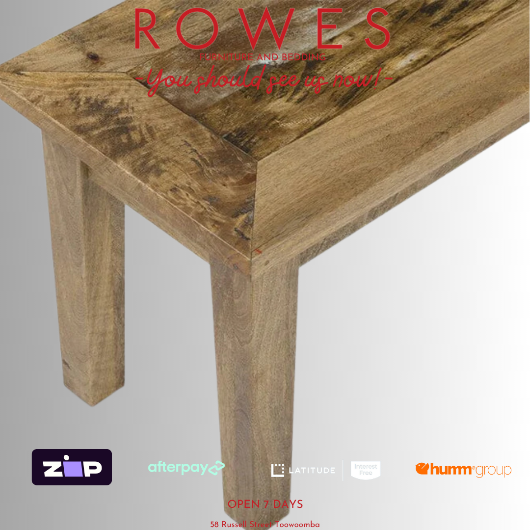 Wooden bench seat on a white background with 'Rowes' branding and payment options displayed.