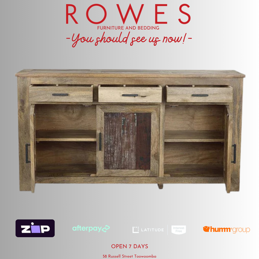 Wooden sideboard with 'Rowes Furniture and Bedding' text and logos on a gray background