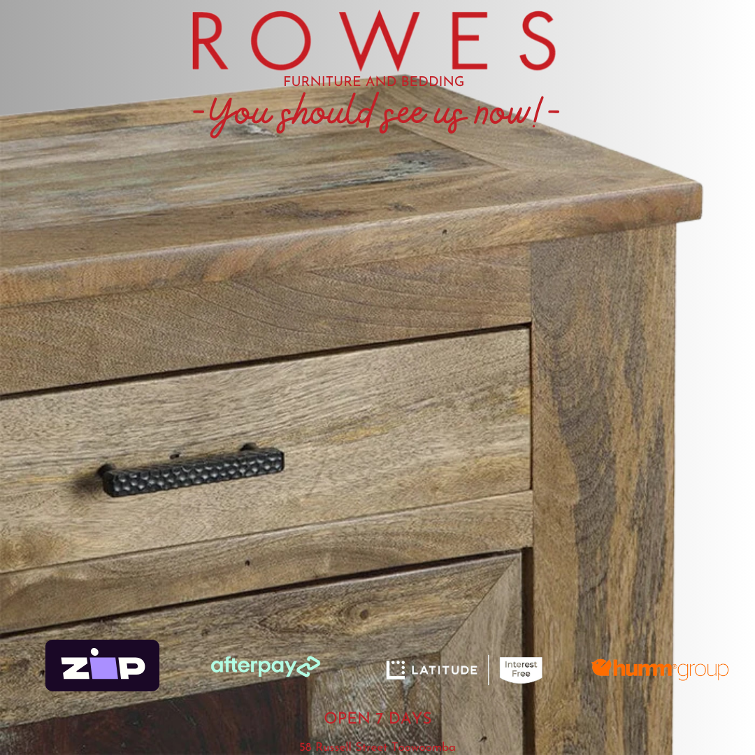 Wooden furniture with 'Rowes' branding and payment options displayed.