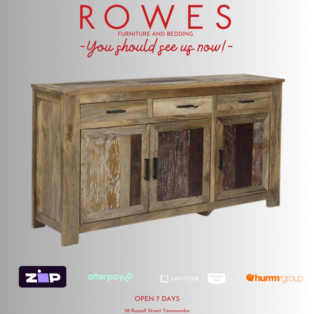 Wooden sideboard with 'Rowes Furniture and Bedding' text and payment logos on a gray background