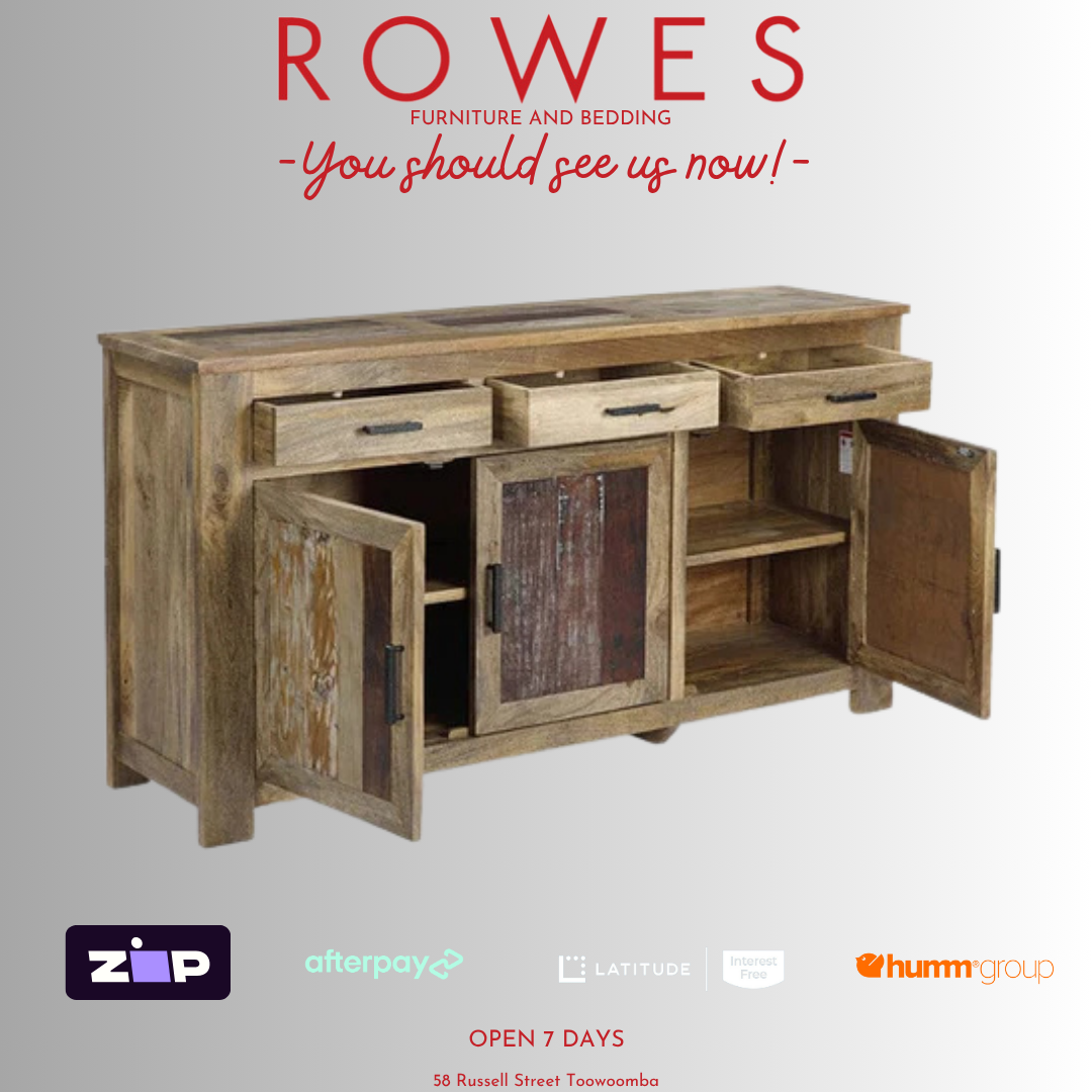 Wooden sideboard with open doors on a gray background, featuring the brand 'Rowes'.