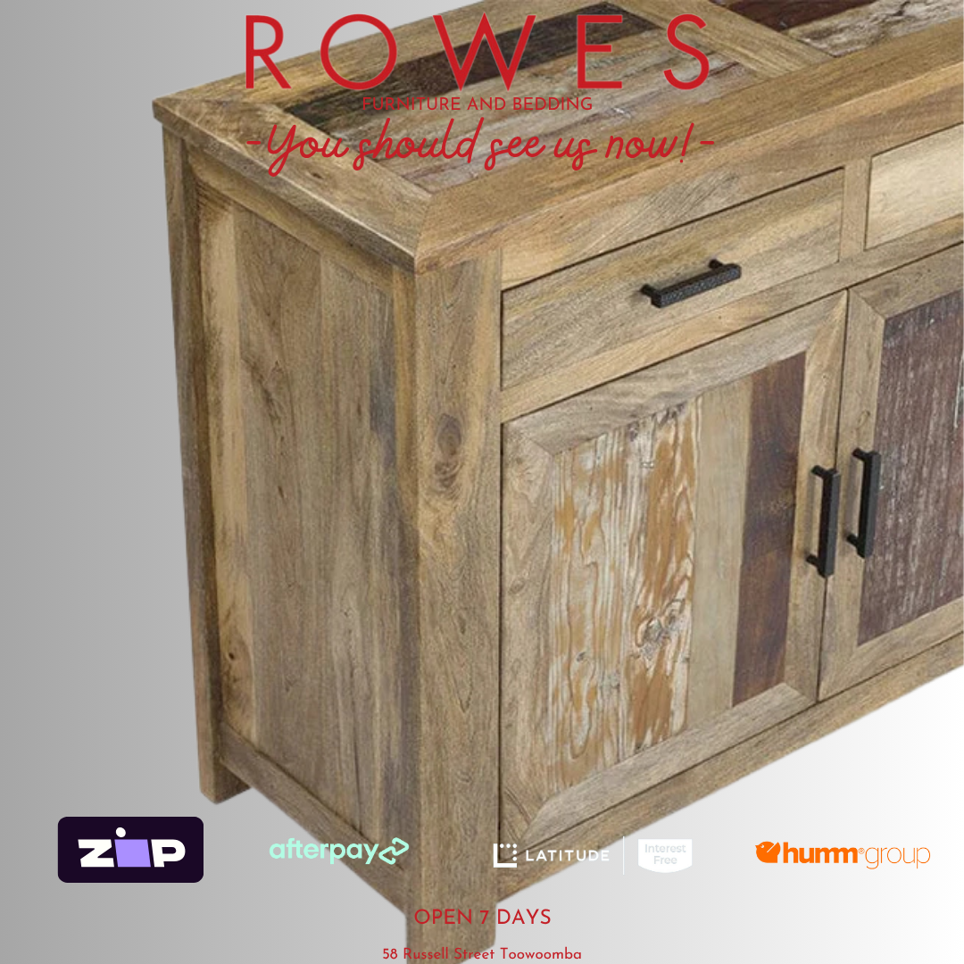 Wooden sideboard with 'Rowes' branding and payment options on a gray background