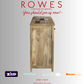 Wooden cabinet with 'Rowes Furniture and Bedding' text and branding on a gray background