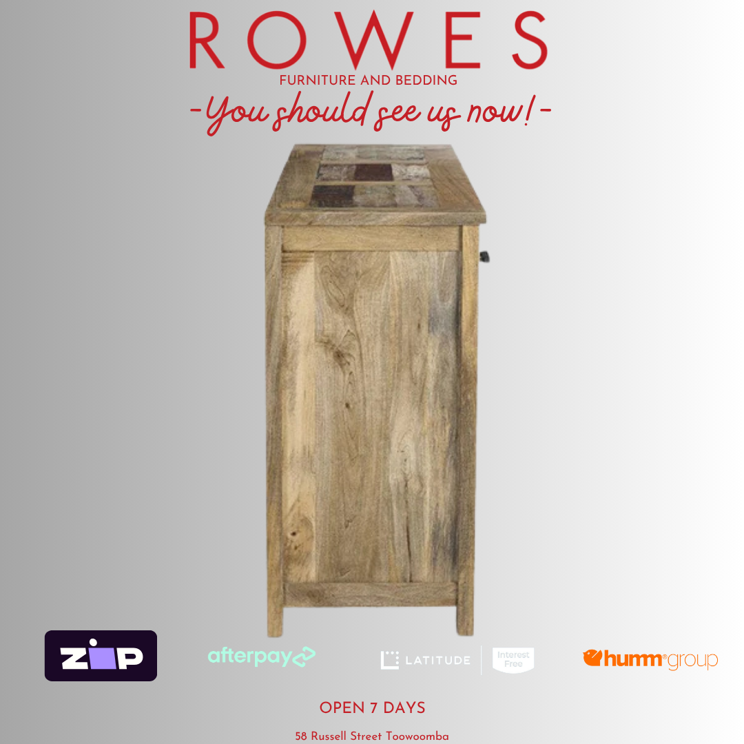 Wooden cabinet with 'Rowes Furniture and Bedding' text and branding on a gray background