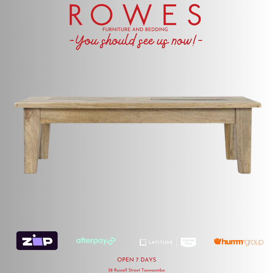 Wooden table on a gray background with 'Rowes' branding and payment options displayed.