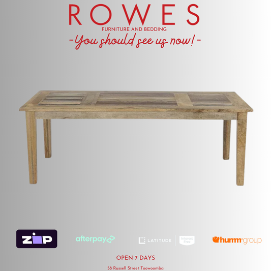 Wooden dining table on a gray background with 'Rowes' branding and payment options.