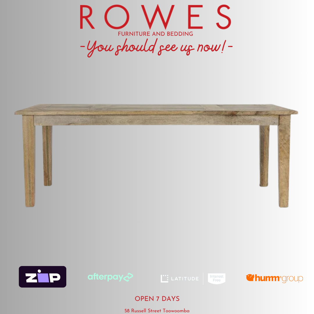 Wooden table on a white background with 'Rowes' branding and payment options displayed.