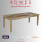 Wooden dining table with promotional text and logos on a gray background