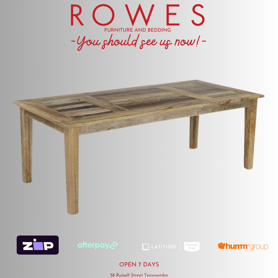 Wooden dining table with promotional text and logos on a gray background