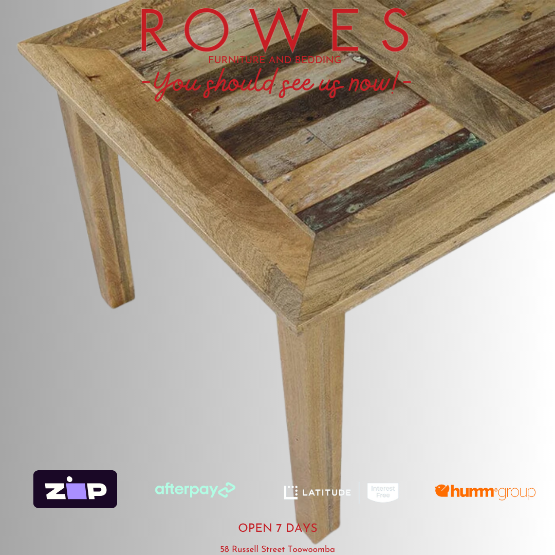 Wooden dining table on a gray background with 'Rowes' branding and payment options.