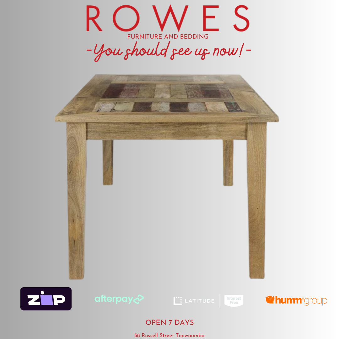 Wooden dining table on a gray background with 'Rowes' branding and payment options.