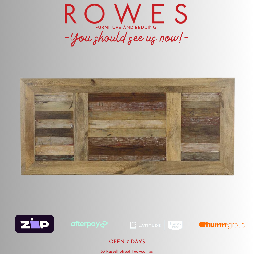 Wooden dining table on a gray background with 'Rowes' branding and payment options.