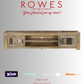 Wooden TV unit with 'Rowes Furniture and Bedding' advertisement on a gray background