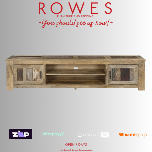 Wooden TV unit with 'Rowes Furniture and Bedding' advertisement on a gray background
