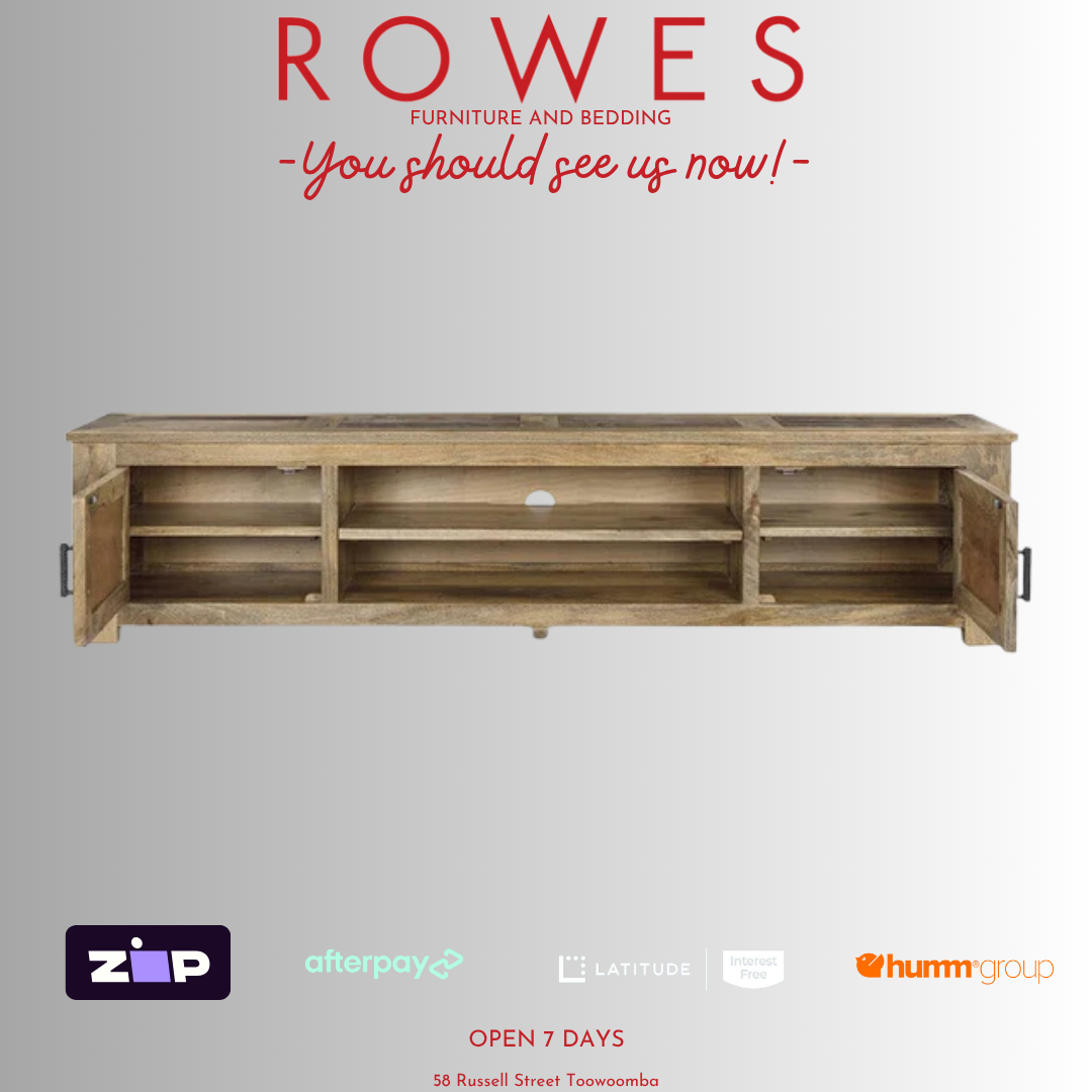 Wooden entertainment console with 'Rowes' branding and payment options on a gray background
