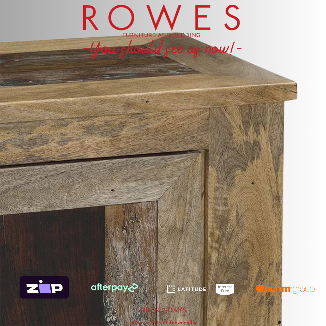Wooden furniture piece with 'Rowes' branding and payment options displayed.