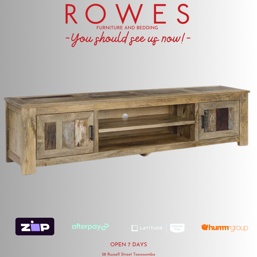 Wooden TV stand with 'Rowes Furniture and Bedding' advertisement on a gray background