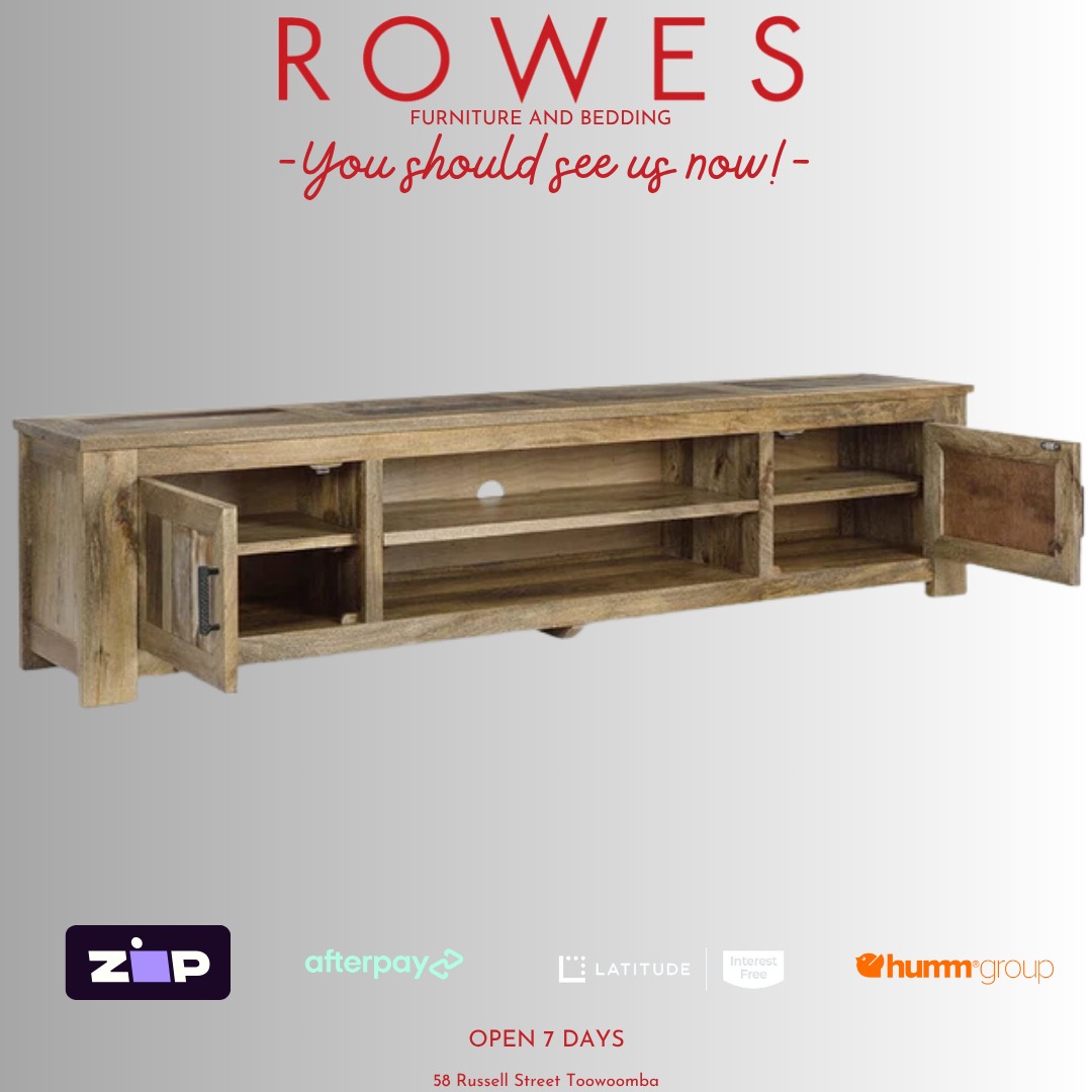 Wooden TV stand with open doors on a gray background, featuring the brand 'Rowes'.