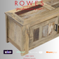 Wooden storage chest with 'Rowes' branding and contact information on a gray background