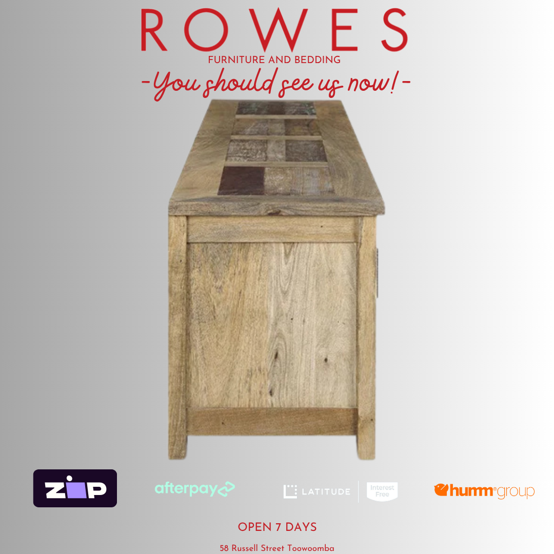 Wooden console table with 'Rowes' branding and payment options on a gray background