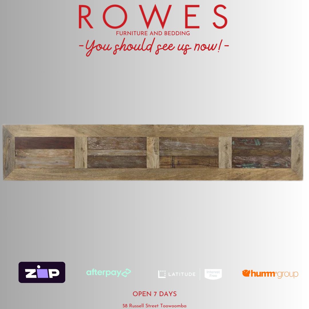 Wooden top with 'Rowes Furniture and Bedding' text and payment logos on a gray background