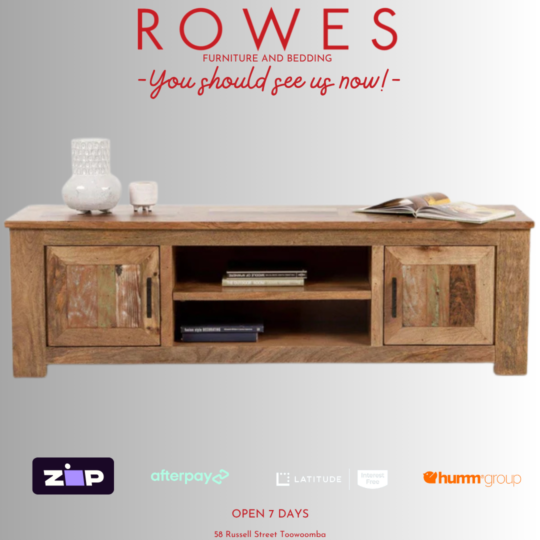 Wooden TV stand with decorative items on a gray background, featuring the brand 'Rowes'.