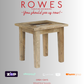 Wooden table on a gray background with 'Rowes' branding and payment options.