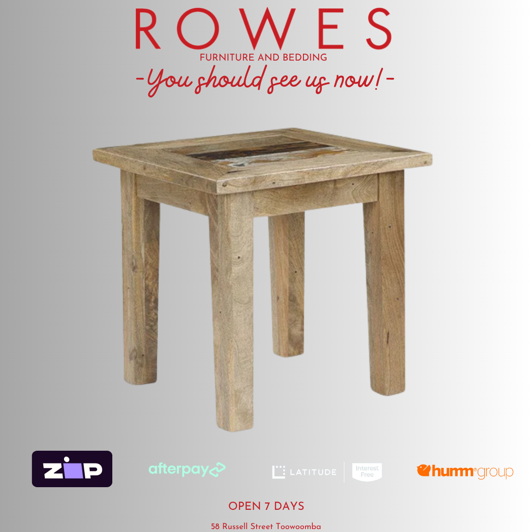 Wooden table on a gray background with 'Rowes' branding and payment options.