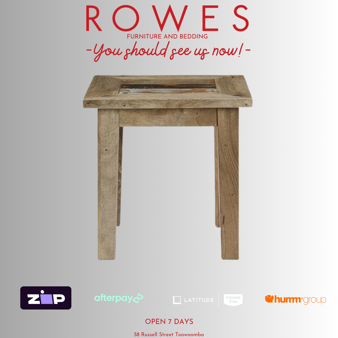 Wooden table on a gray background with 'Rowes' branding and promotional text.