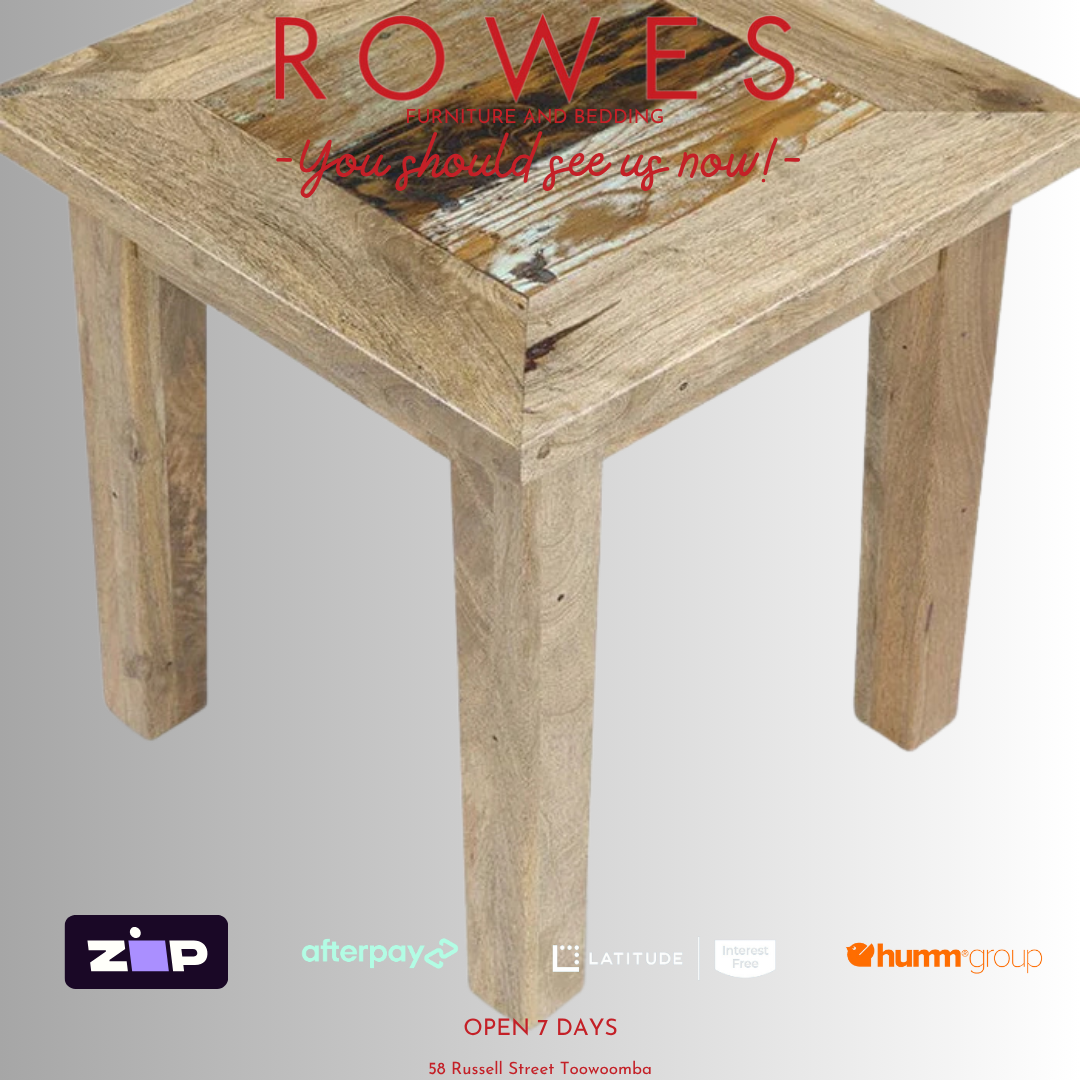Wooden table with 'Rowes' branding and payment options on a gray background