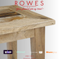 Wooden table with 'Rowes Furniture and Bedding' branding and payment options on a white background.