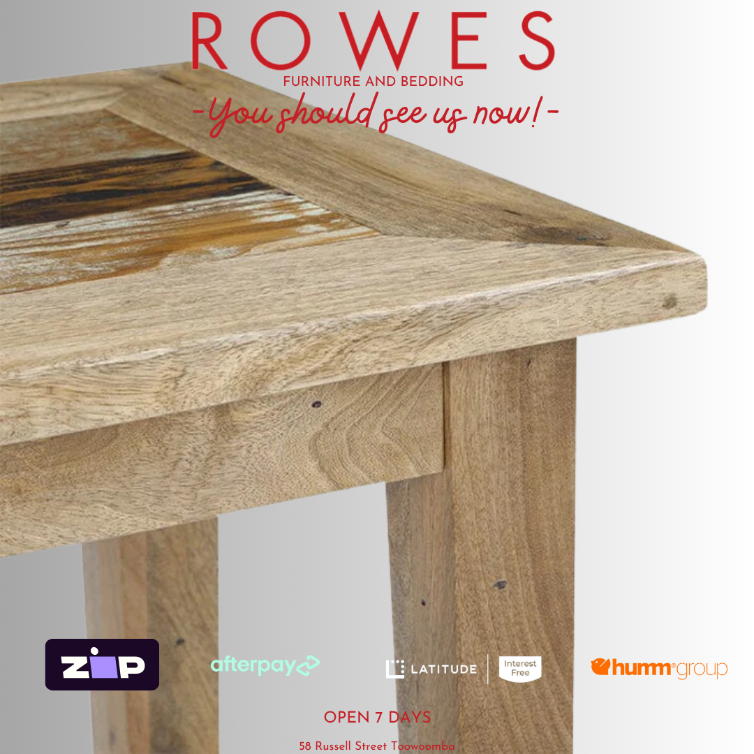 Wooden table with 'Rowes Furniture and Bedding' branding and payment options on a white background.