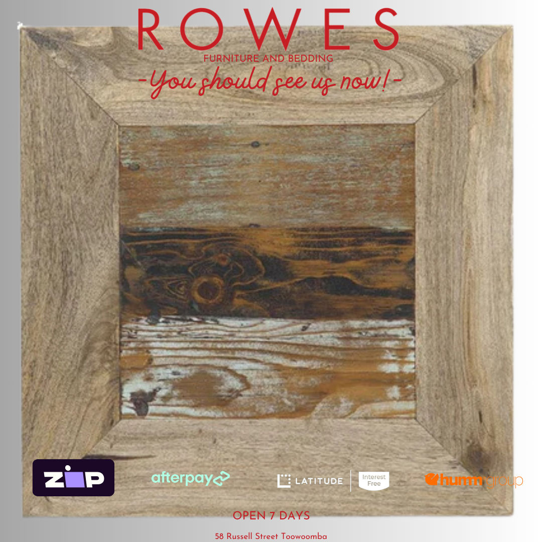Wooden frame with 'Rowes' branding and payment options on a gray background