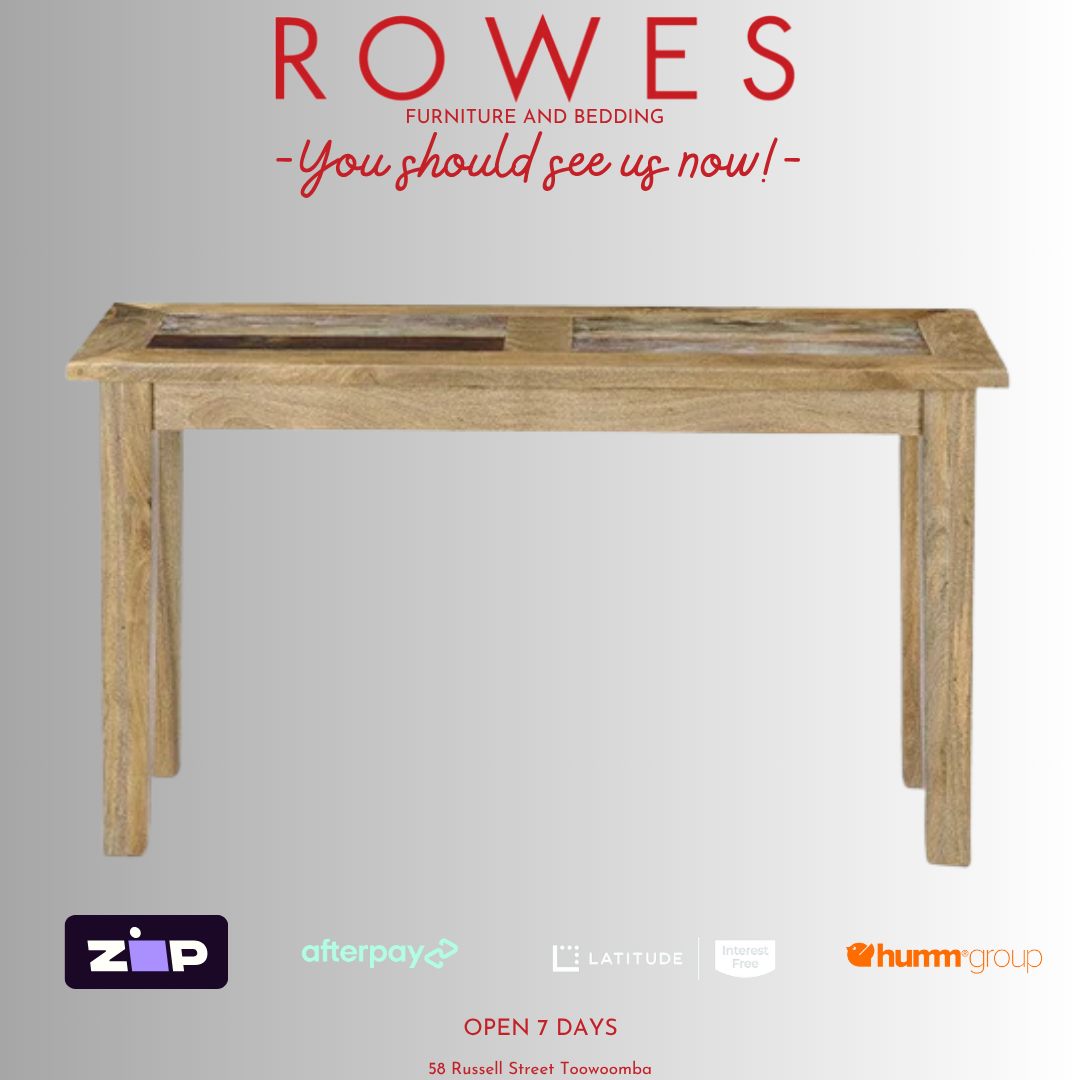 Wooden table on a gray background with 'Rowes' branding and payment options.