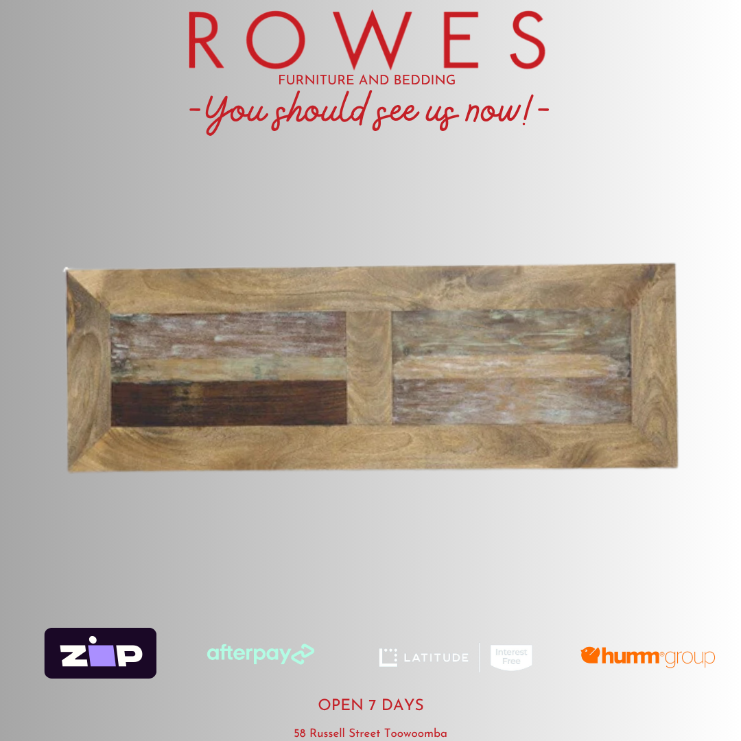 Wooden wall art piece with 'Rowes' branding and payment options on a gray background