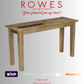 Wooden table on a gray background with 'Rowes' branding and payment options.