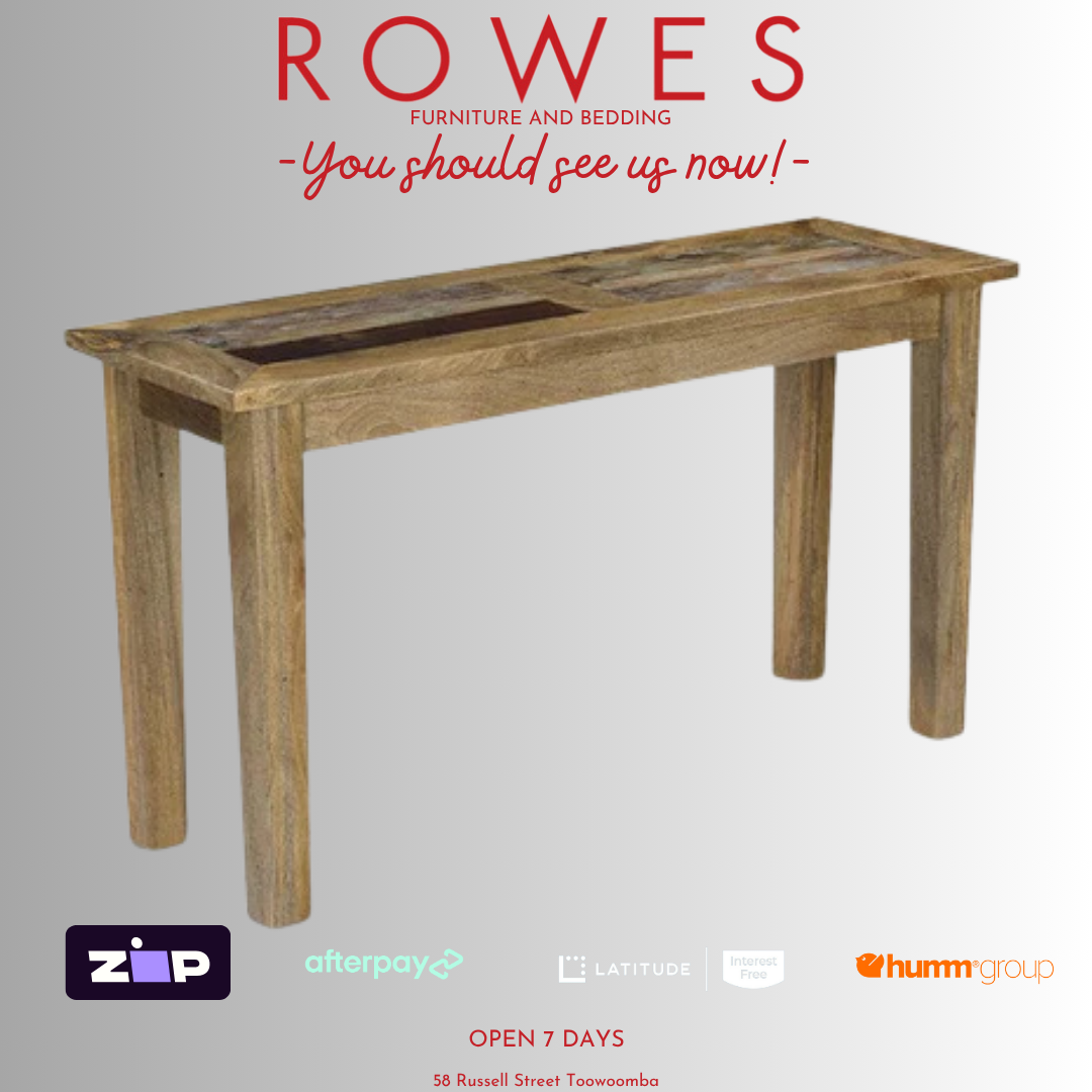 Wooden table on a gray background with 'Rowes' branding and payment options.