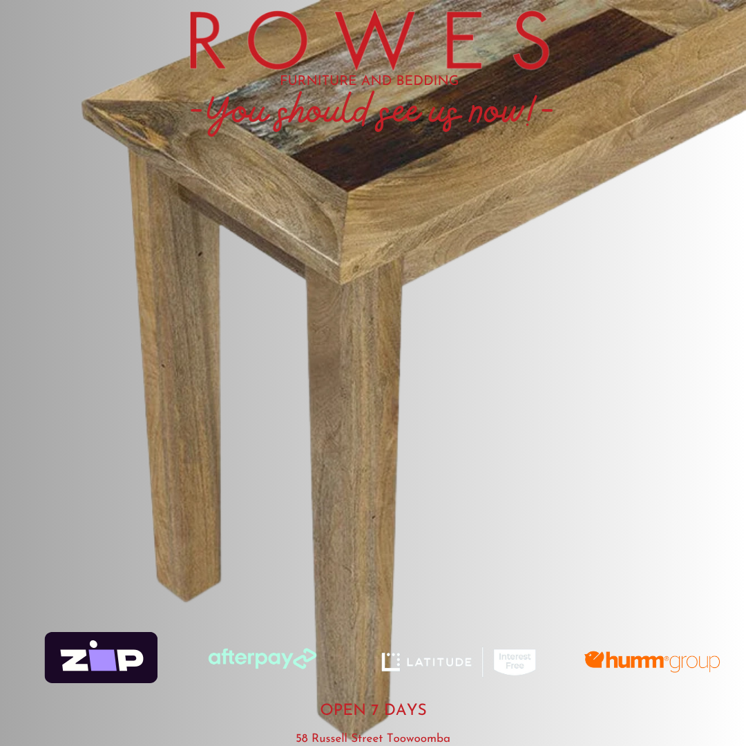 Wooden table with 'Rowes' branding and payment options on a gray background